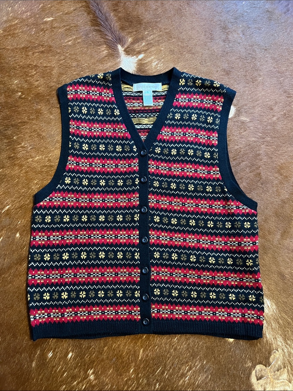JONES NEW YORK Sweater Vest ~Black Red Fair Isle Lambswool AUSTRALIA Women's L
